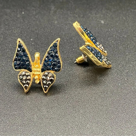 Pave Black and Gunmetal Grey Butterfly Pierced Gold Earrings - Picture 7 of 9